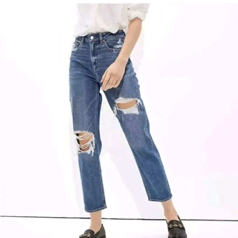 American Eagle Womens Stretch Mom Straight Jeans High Rise Distressed Sz 10 Regu